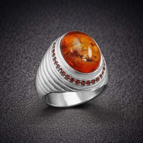 Kehribar Taşlı Erkek Gümüş Yüzük