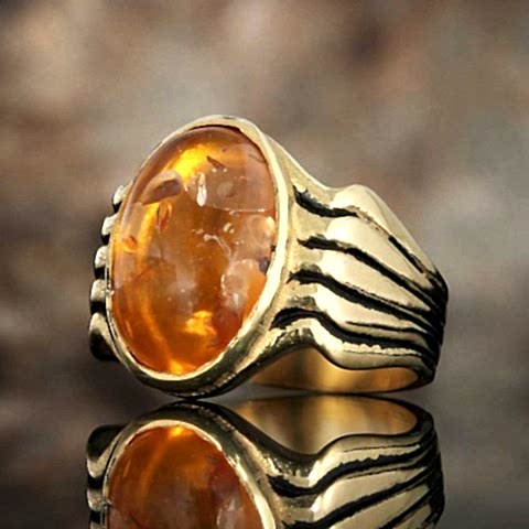 Kehribar Taşlı Sade Tasarım Yanları Çizgi Desenli Gümüş Yüzük, Kehribar Erkek Yüzük