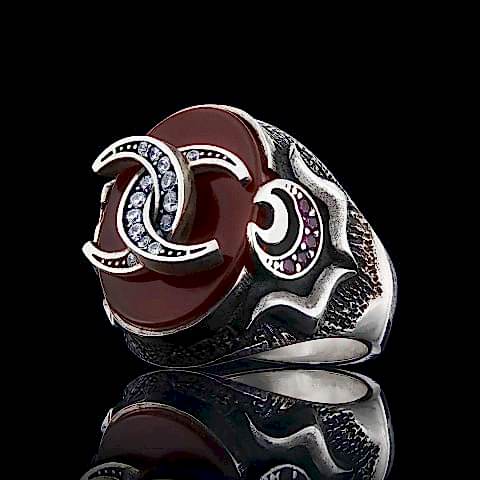 Kırmızı Akik Taş Üzerinde Hilal Sembollü Gümüş Yüzük