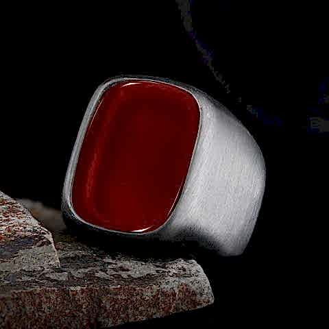 Kırmızı Akik Taşı Yüzük Gümüş Erkek