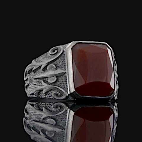 Kırmızı Akik Taşılı Gümüş Erkek Yüzük, Kırmızı Akik Taşlı Yüzük