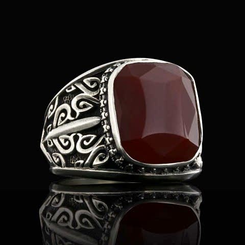 Kırmızı Akik Taşlı 925 Ayar Gümüş Yüzük, Kırmızı Akik Taşlı Yüzük