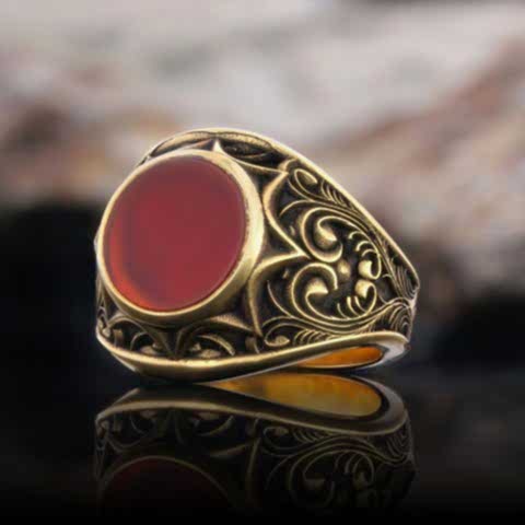 Kırmızı Akik Taşlı 925 Ayar Gümüş Yüzük, Kırmızı Akik Yüzük, Gümüş Erkek Kırmızı Akik Yüzük
