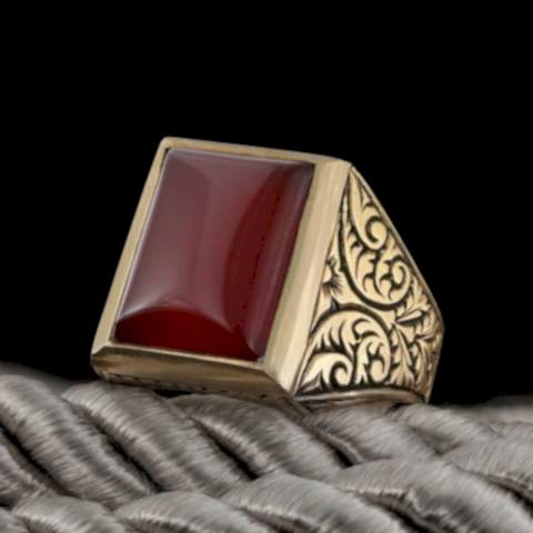 Kırmızı Akik Yüzükle Kendinizi Fark Ettirin, Motifli Kırmızı Akik Taşlı 925 Ayar Gümüş Erkek Yüzük