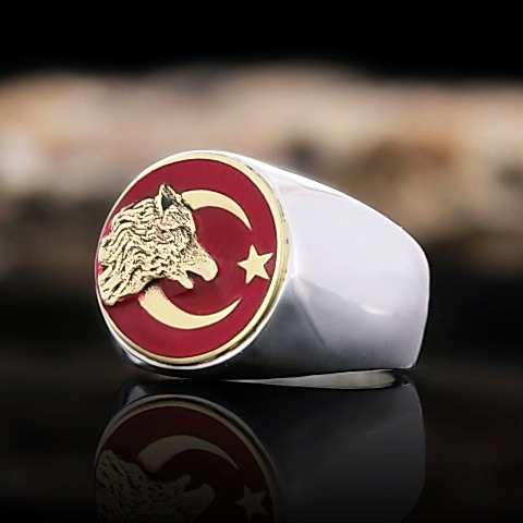 Kurt Ay Yıldız Yüzük, Gümüş Kurt Yüzük, Yuvarlak Özel Tasarım Gümüş Ay Yıldız Kurt Yüzük