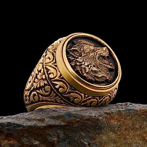 Kurt Erkek Yüzük, Özel Tasarım Yanları Motifli Kurt Yüzük, Gümüş Kurt Yüzük