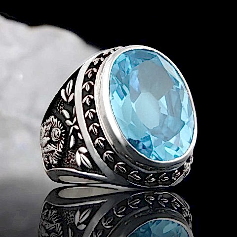 Light Blue Spinel Taşlı Tuğralı Devlet Armalı Gümüş Yüzük