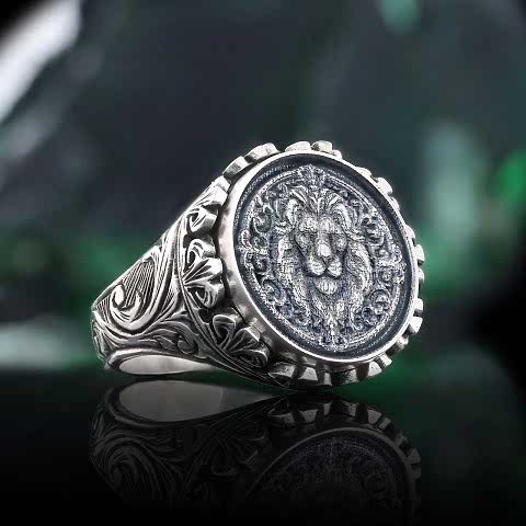 Motifli 925 Ayar Gümüş Aslan Yüzük, Aslan Erkek Yüzük, Aslan Erkek Yüzük