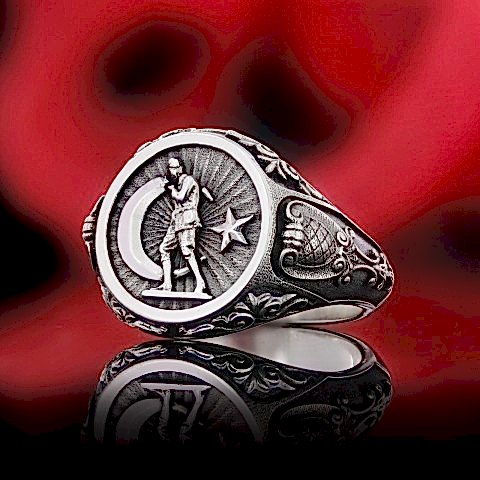 Motifli Ay Yıldızlı Atatürk Gümüş Yüzük