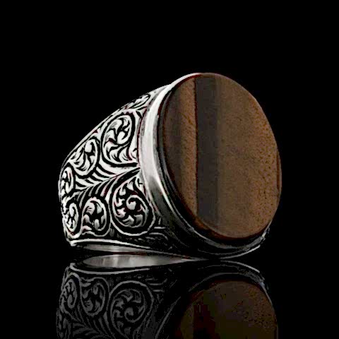 Motifli Kaplan Gözü Taşlı Erkek Gümüş Yüzük, Kaplan Gözü Gümüş Yüzük