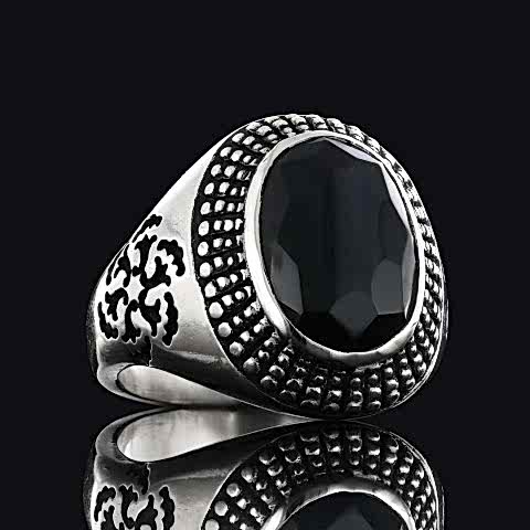 Motifli Oniks Taşlı 925 Ayar Gümüş Erkek Yüzük, Oniks Yüzük, Siyah Akik Yüzük