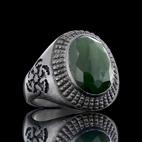 Motifli Yeşim Taşlı 925 Ayar Gümüş Erkek Yüzük, Yeşim Taşlı Yüzük