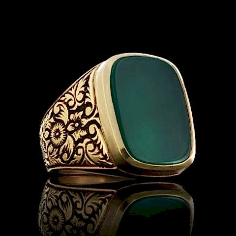 Motifli Yeşil Akik Taşlı Erkek Gümüş Yüzük