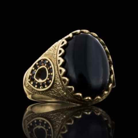 Oniks Doğal Taşlı 925 Ayar Oval Gümüş Erkek Yüzük, Siyah Akik Yüzük