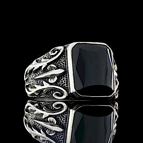 Oniks Doğal Taşlı Gümüş Yüzük, Erkek Oniks Yüzük, Oniks Gümüş Yüzük, Siyah Akik Yüzük
