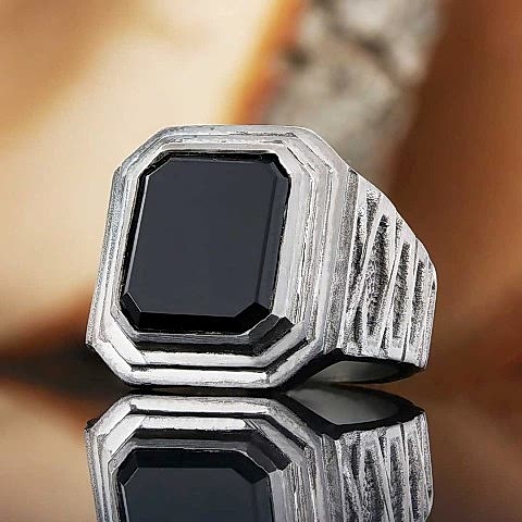 Oniks Gümüş Yüzük, Özel Tasarım El Yapımı Motifli Oniks Gümüş Yüzük, Siyah Akik Yüzük