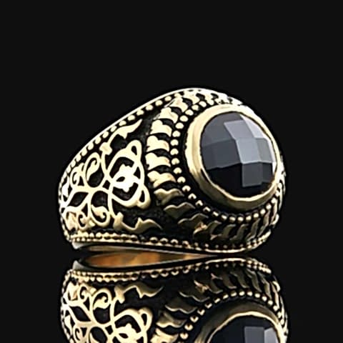 Oniks Taşlı El Yapımı Özel Tasarım Motifli Erkek Gümüş Yüzük, Siyah Akik Yüzük