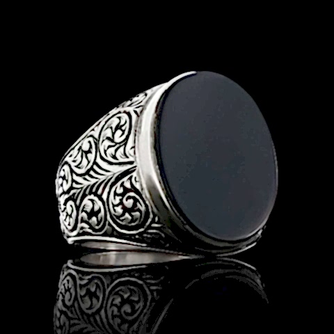 Oniks Taşlı Erkek Gümüş Motifli Yüzük, Oniks Taşlı Özel Tasarım Gümüş Yüzük