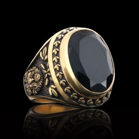 Oniks Taşlı Gümüş Erkek Osmanlı Yüzük, Tuğralı Devlet Armalı Gümüş Yüzük