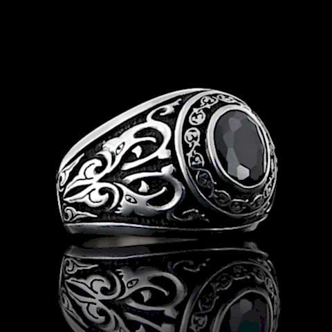 Oniks Taşlı Gümüş Motifli Erkek Yüzük, Oniks Erkek Yüzük, Siyah Akik Yüzük
