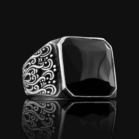 Oniks Taşlı İşlemeli Özel Tasarım Gümüş Erkek Yüzük, Oniks Taşlı Yüzük, Siyah Akik Yüzük