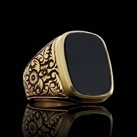 Oniks Taşlı Motifli Erkek Gümüş Yüzük, Oniks Yüzük, Siyah Akik Yüzük