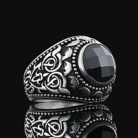 Oniks Taşlı Özel Tasarım Motifli Erkek Yüzük, Erkek Motifli Gümüş Yüzük, Siyah Akik Yüzük