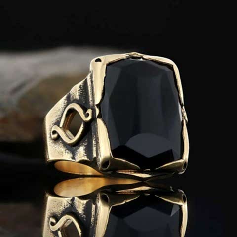 Oniks Taşlı Özel Tasarım Motifli Gümüş Erkek Yüzük, Oniks Gümüş Yüzük, Siyah Akik Yüzük