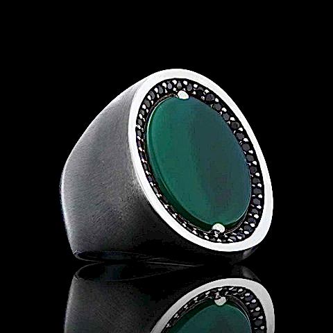 Oval Yeşil Akik Taşlı 925 Ayar Özel Tasarım Gümüş Yüzük, Yeşil Akik Yüzük