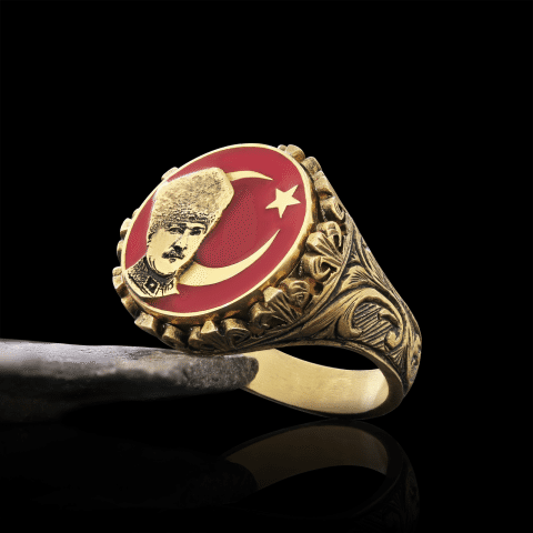 Özel Tasarım Gümüş Motifli Ay yıldız Atatürk Yüzük, Atatürk Erkek Yüzük, 925 Ayar Gümüş Ay yıldız Atatürk Erkek Yüzük