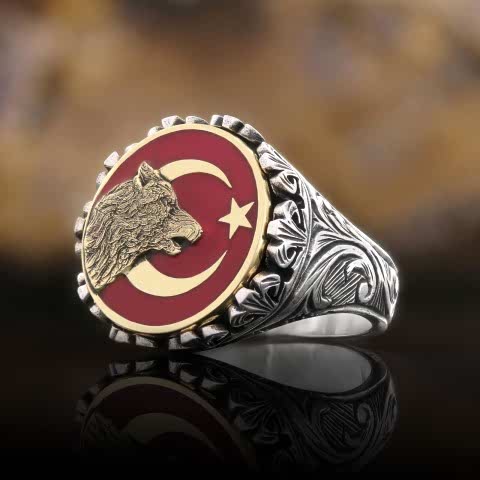 Özel Tasarım Gümüş&nbsp;Motifli Ay yıldız Bozkurt Yüzük, Alfa Kurt Erkek Yüzük, 925 Ayar Gümüş Ay yıldız Bozkurt Erkek Yüzük