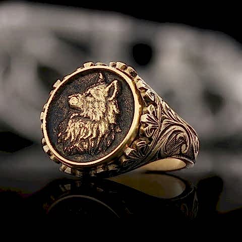 Özel Tasarım Gümüş Motifli Bozkurt Yüzük, Alfa Kurt Erkek Yüzük, 925 Ayar Gümüş Bozkurt Erkek Yüzük