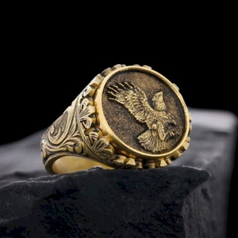 Özel Tasarım Gümüş Motifli Kartal Yüzük, Kartal Erkek Yüzük, 925 Ayar Gümüş Kartal Erkek Yüzük