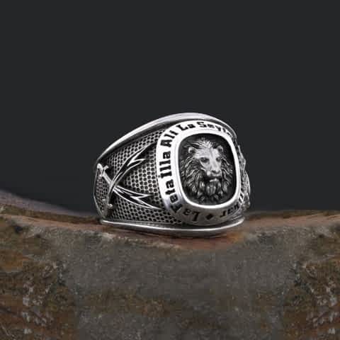 Özel Tasarım Hz. Ali Zülfikar Aslanlı Erkek 925 Ayar Gümüş Yüzük