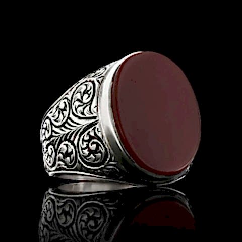 Özel Tasarım Kırmızı Akik Taşlı Erkek Gümüş Motifli Yüzük, Kırmızı Akik Taşlı Gümüş Yüzük