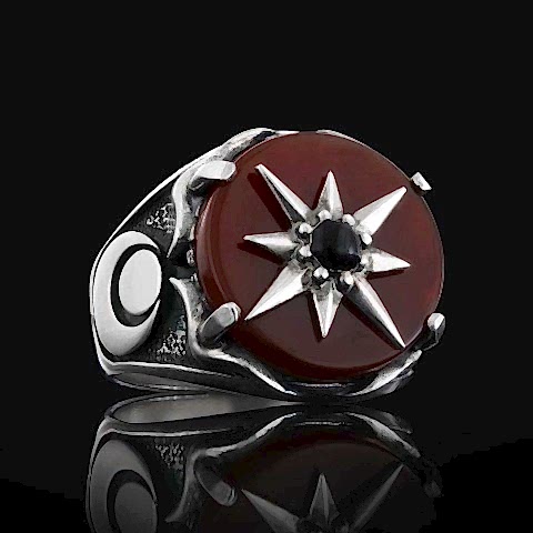 Özel Tasarım Kırmızı Akik Yüzük, Yıldız Motifli Kırmızı Akik Gümüş Erkek Yüzük, Kırmızı Akik Yüzük