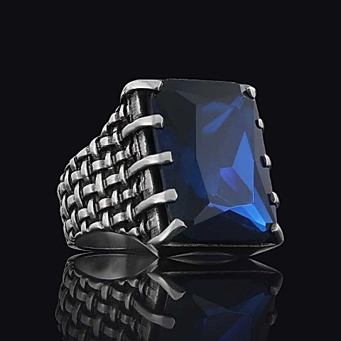 Özel Tasarım Safir Taşlı  Gümüş Erkek Yüzük, Safir Taşlı Yüzük