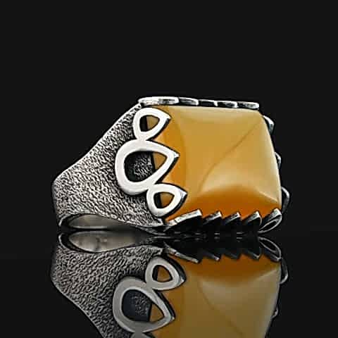 Özel Tasarım Sarı Akik Taşlı Yüzük, Erkek Sarı Akik Taşlı Gümüş Yüzük