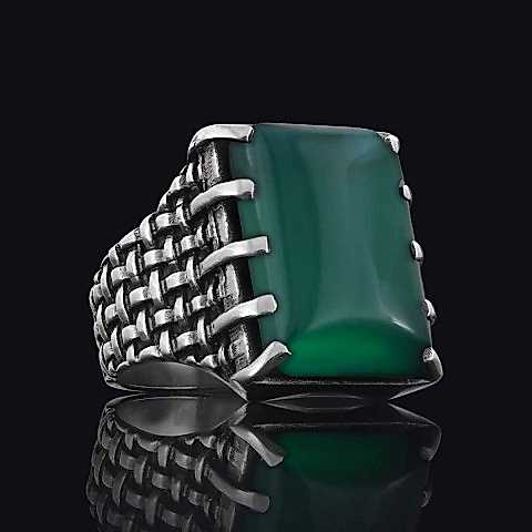 Özel Üretim Yeşil Akik Taşlı Gümüş Erkek Yüzük, Yeşil Akik Gümüş Yüzük