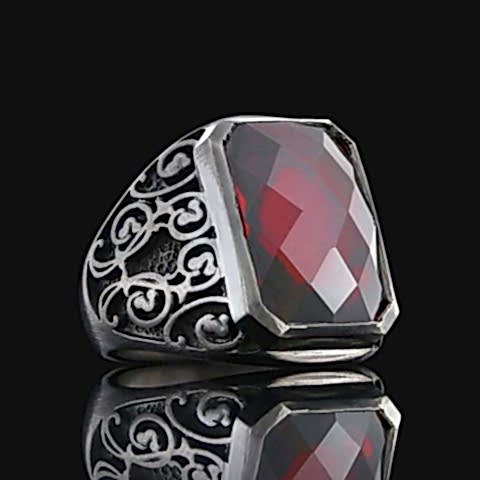 Ruby Taşlı Floral Desenli 925 Ayar Gümüş Erkek Yüzük, Ruby Taşlı Yüzük