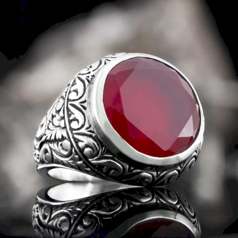 Ruby Taşlı Yüzük, Kişiye Özel Taşlı Kalem İşlemeli Ruby Taşlı Gümüş Yüzük