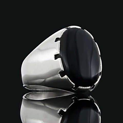 Sade Modern Tasarım Doğal Oniks Taşlı Gümüş Yüzük, Oniks Taşlı Oval Erkek Yüzük, Siyah Akik Yüzük