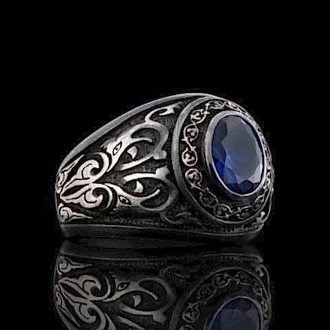 Safir Taşlı Gümüş Motifli Erkek Yüzük, Safir Taşlı Erkek Yüzük