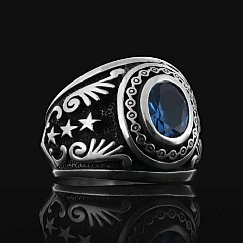 Safir Taşlı Motifli 925 Ayar Taşlı Erkek Gümüş Yüzük