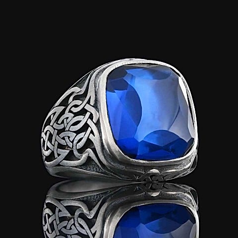Safir Taşlı Özel Tasarım 925 Ayar Gümüş Motifli Erkek Yüzüğü