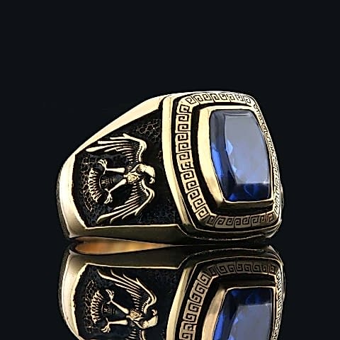 Safir Taşlı Özel Tasarım Kartal Sembollü Gümüş Yüzük, Safir Taşlı Yüzük