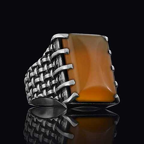 Sarı Akik Taşlı Özel Tasarım Gümüş Erkek Yüzük, Sarı Akik Taşlı Yüzük