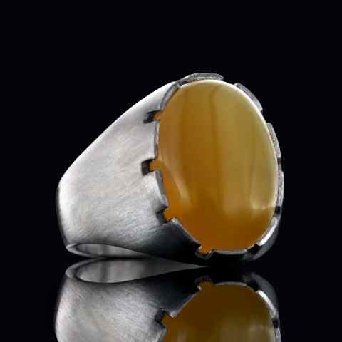 Sarı Akik Yüzük, Sade Modern Tasarım Doğal Sarı Akik Gümüş Yüzük