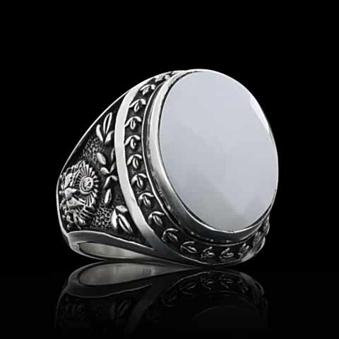 Sedef Taşlı Gümüş Erkek Yüzük, Osmanlı Tuğralı Devlet Armalı Gümüş Yüzük