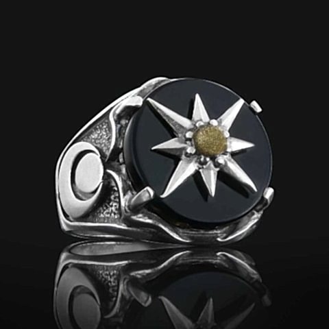 Siyah Akik Yüzük, Yıldız Motifli Siyah Akik Gümüş Erkek Yüzük